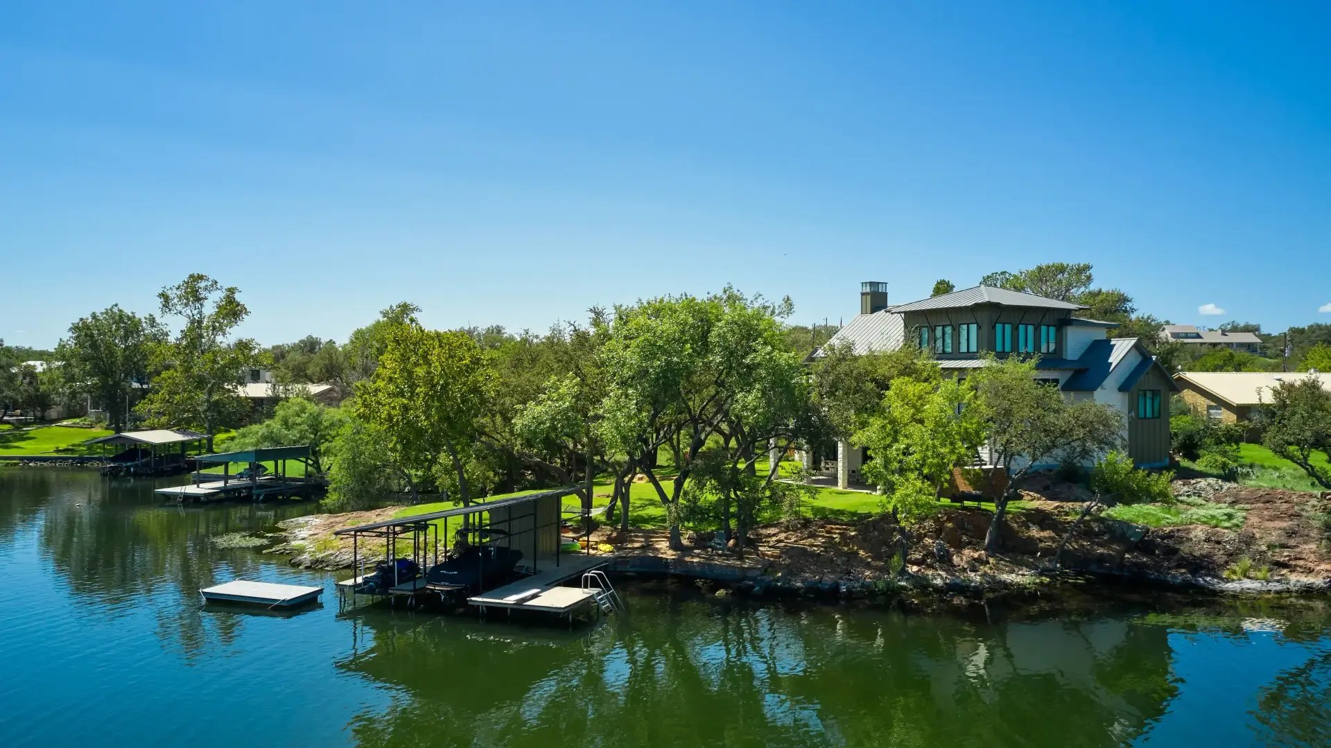 Aerial view of Texas Hill Country lakefront properties
