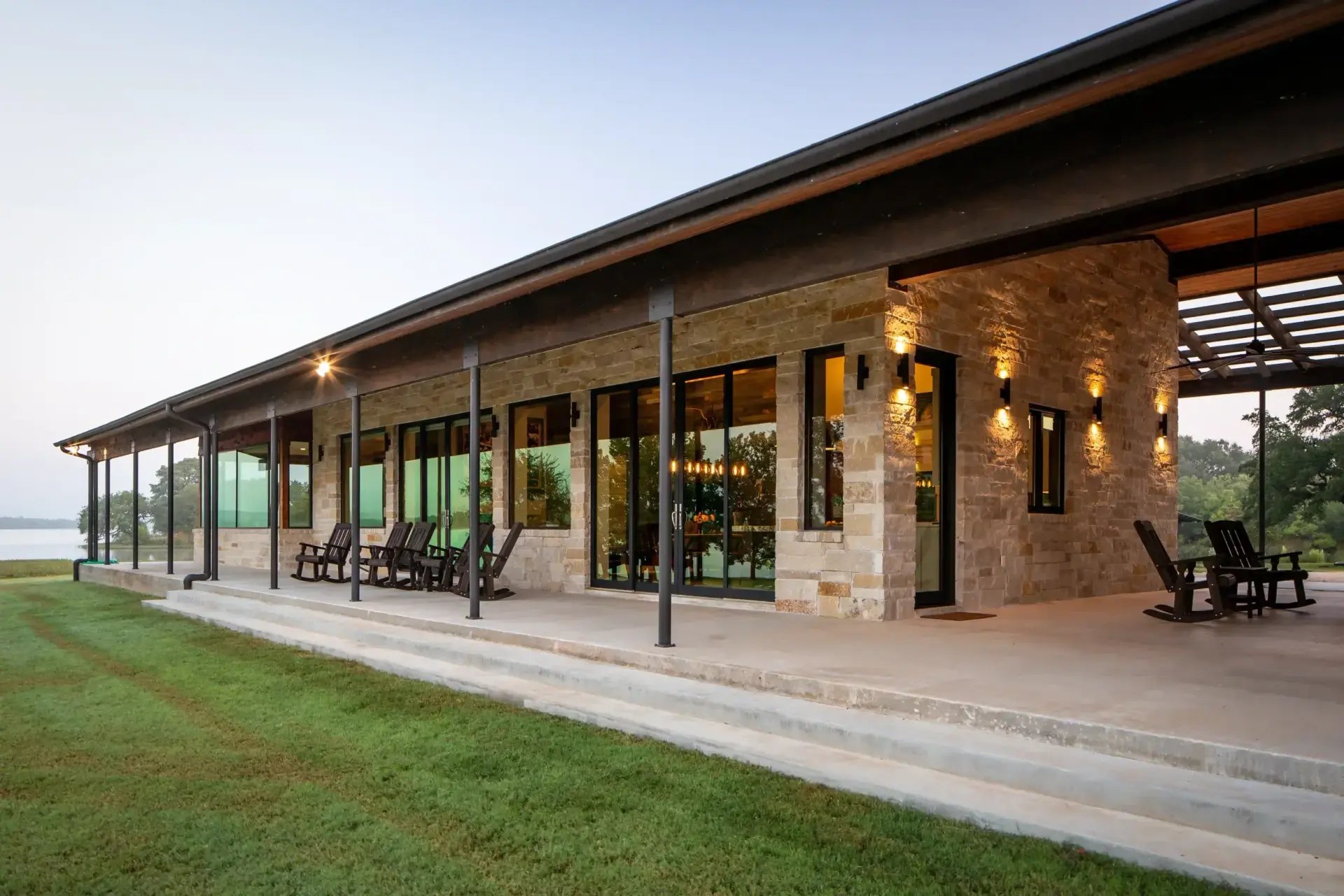 Expansive outdoor living space designed for lakefront entertaining