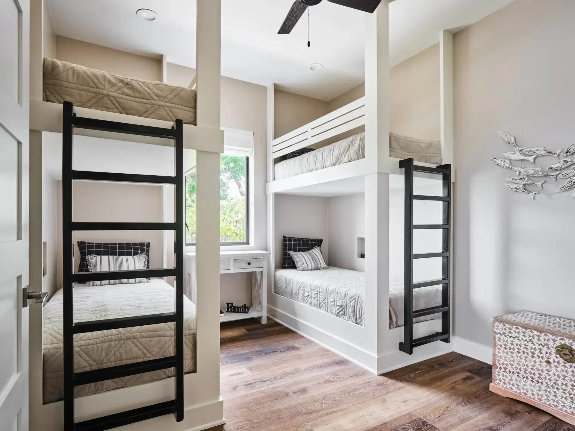 Modern luxury custom home with covered porch and expansive Lake LBJ views, example of quality construction and design